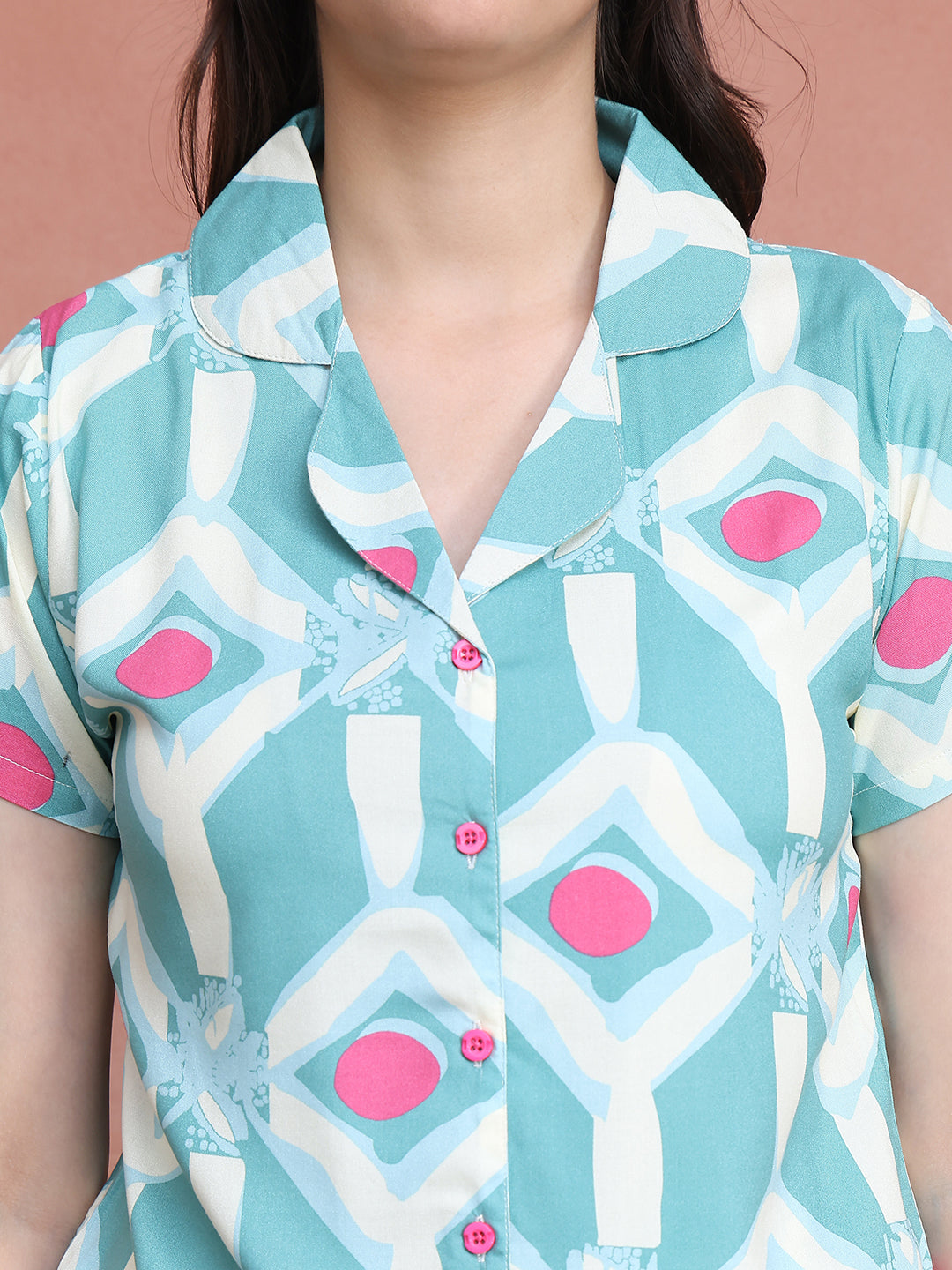 Green Colour Abstract Printed Viscose Rayon Night Suit