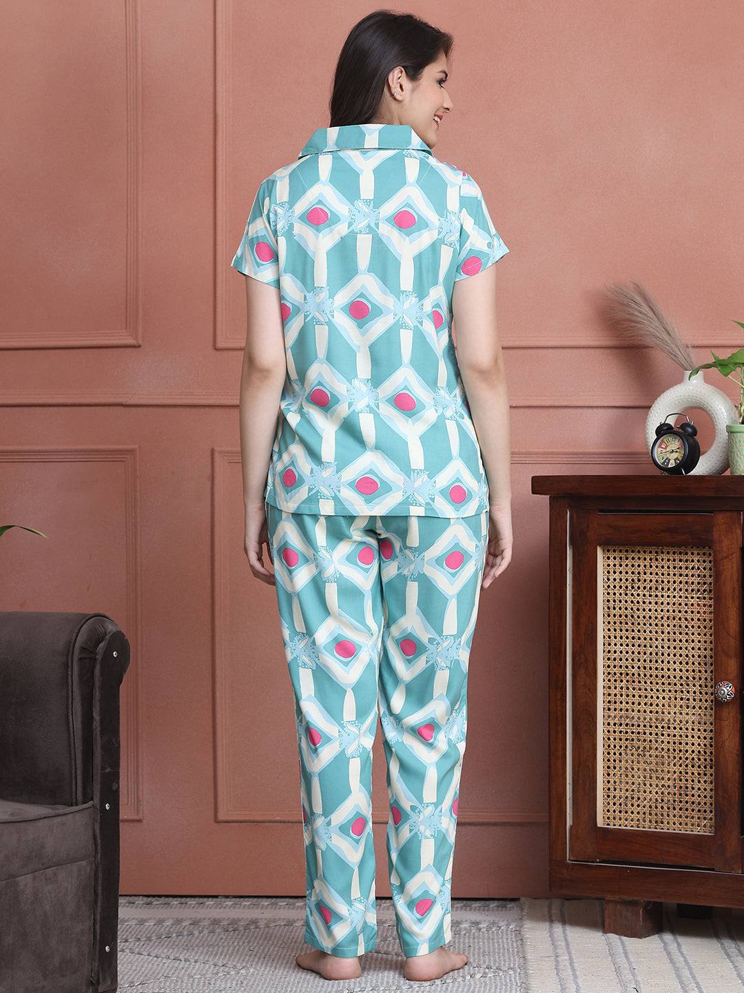 Green Colour Abstract Printed Viscose Rayon Night Suit