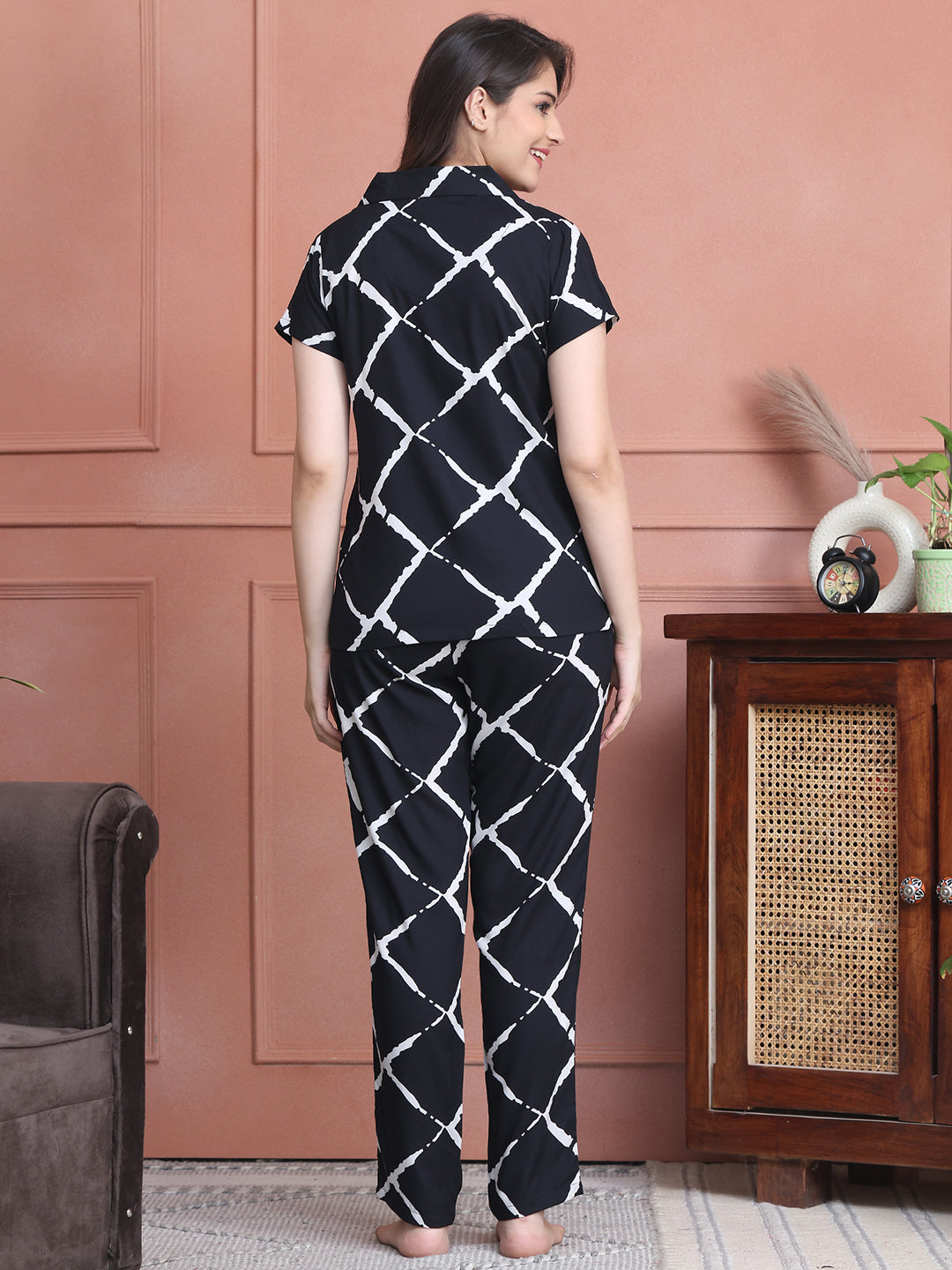 Black Colour Abstract Printed Viscose Rayon Night Suit