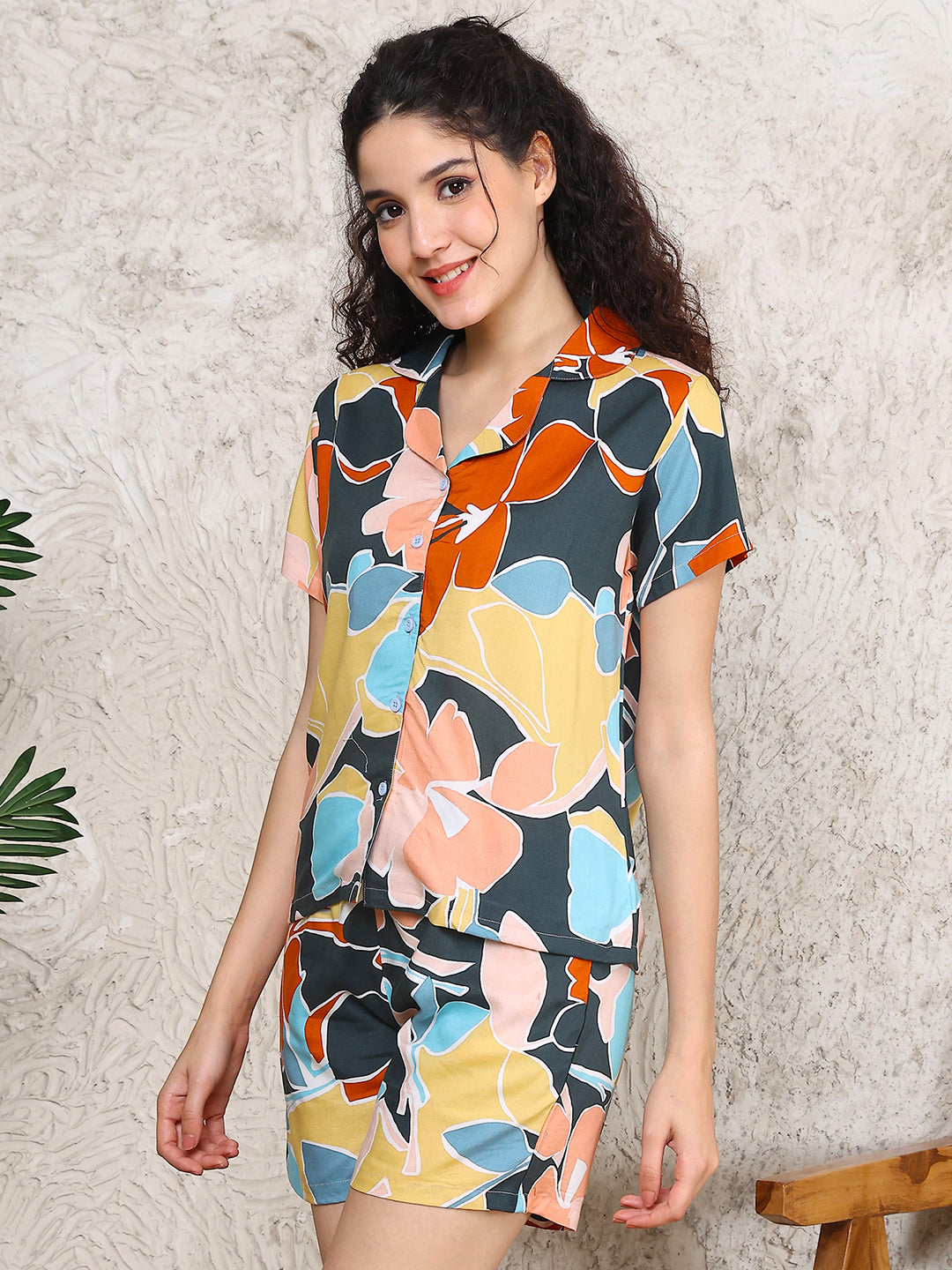 Multi-Colour Viscose Rayon Abstract Night Suit for Women | Claura