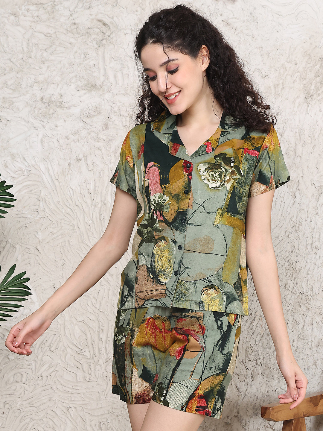 Green geometric print shorts and top night suit set