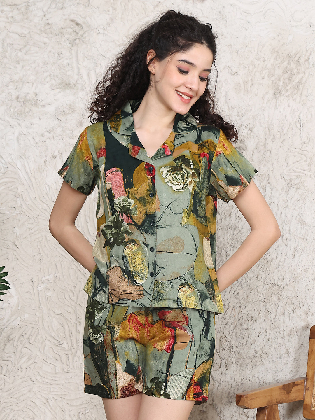 Lifestyle shot of geometric print night suit for women