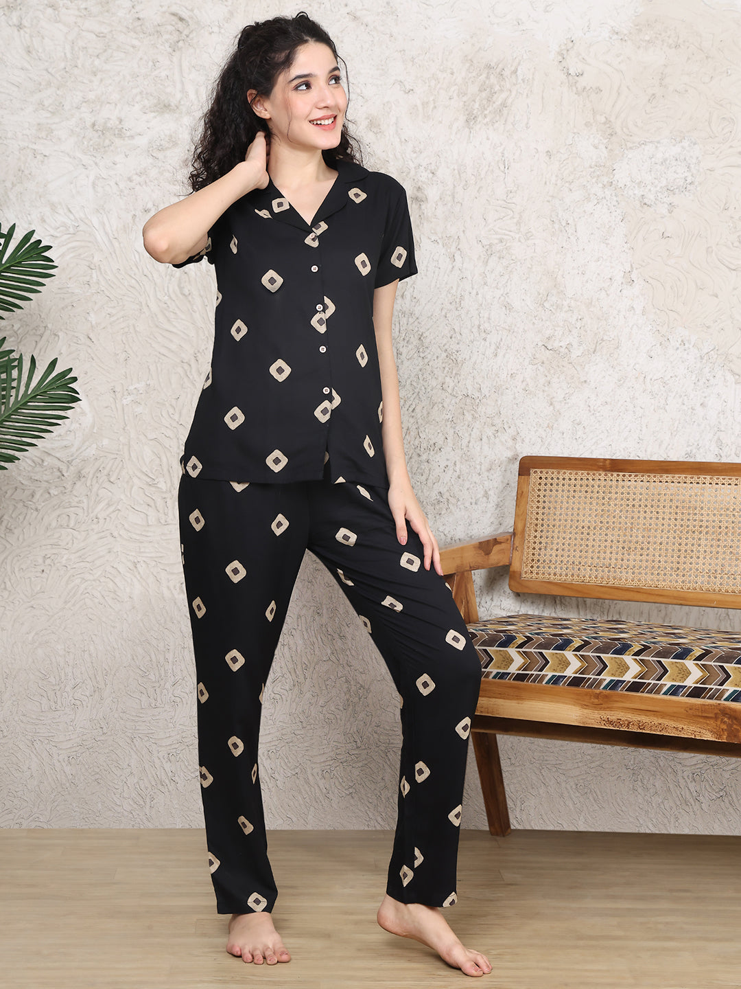 Black Viscose Rayon Night Suit with short sleeves and pyjamas