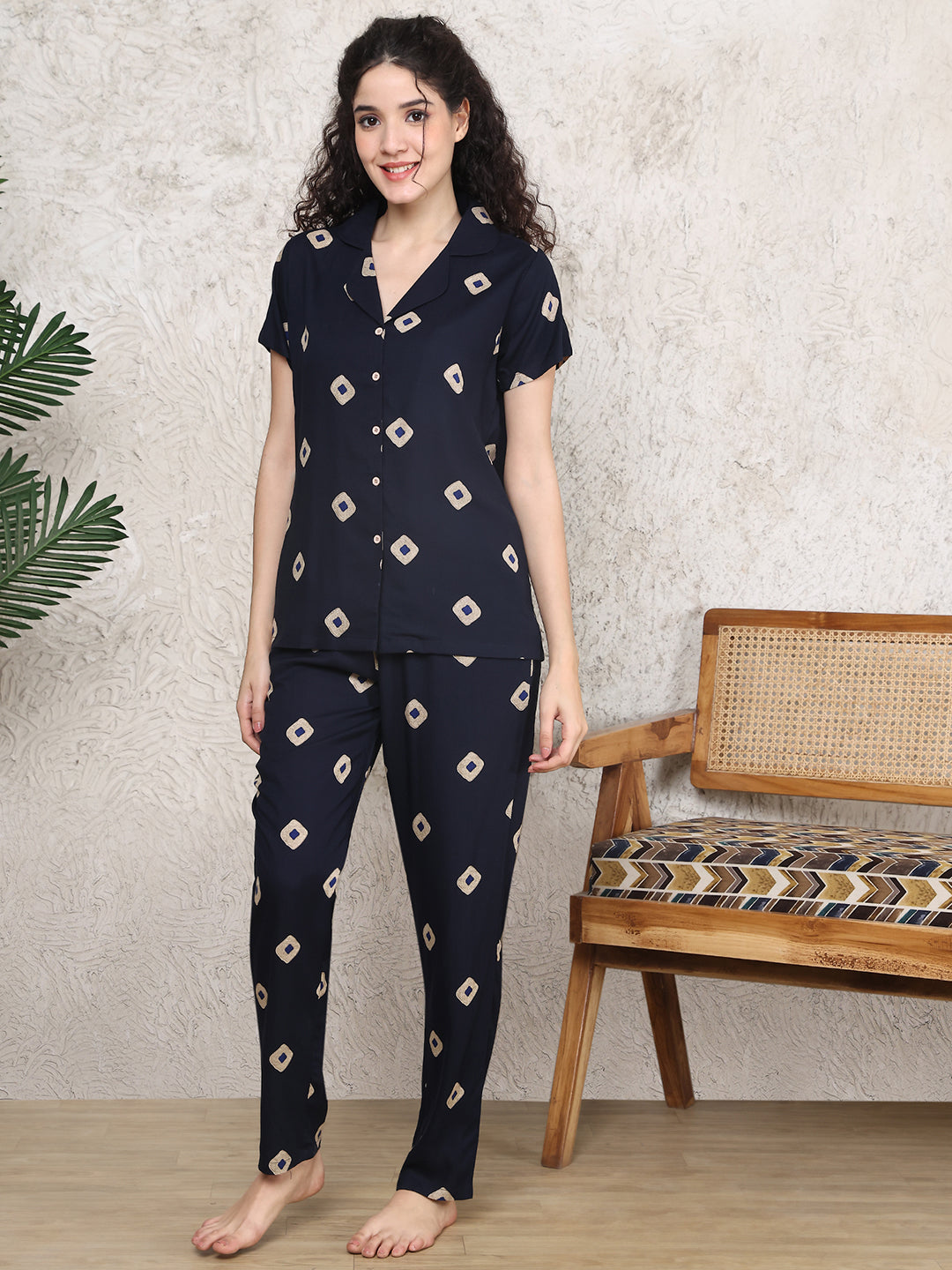 Navy blue viscose rayon night suit with shirt collar