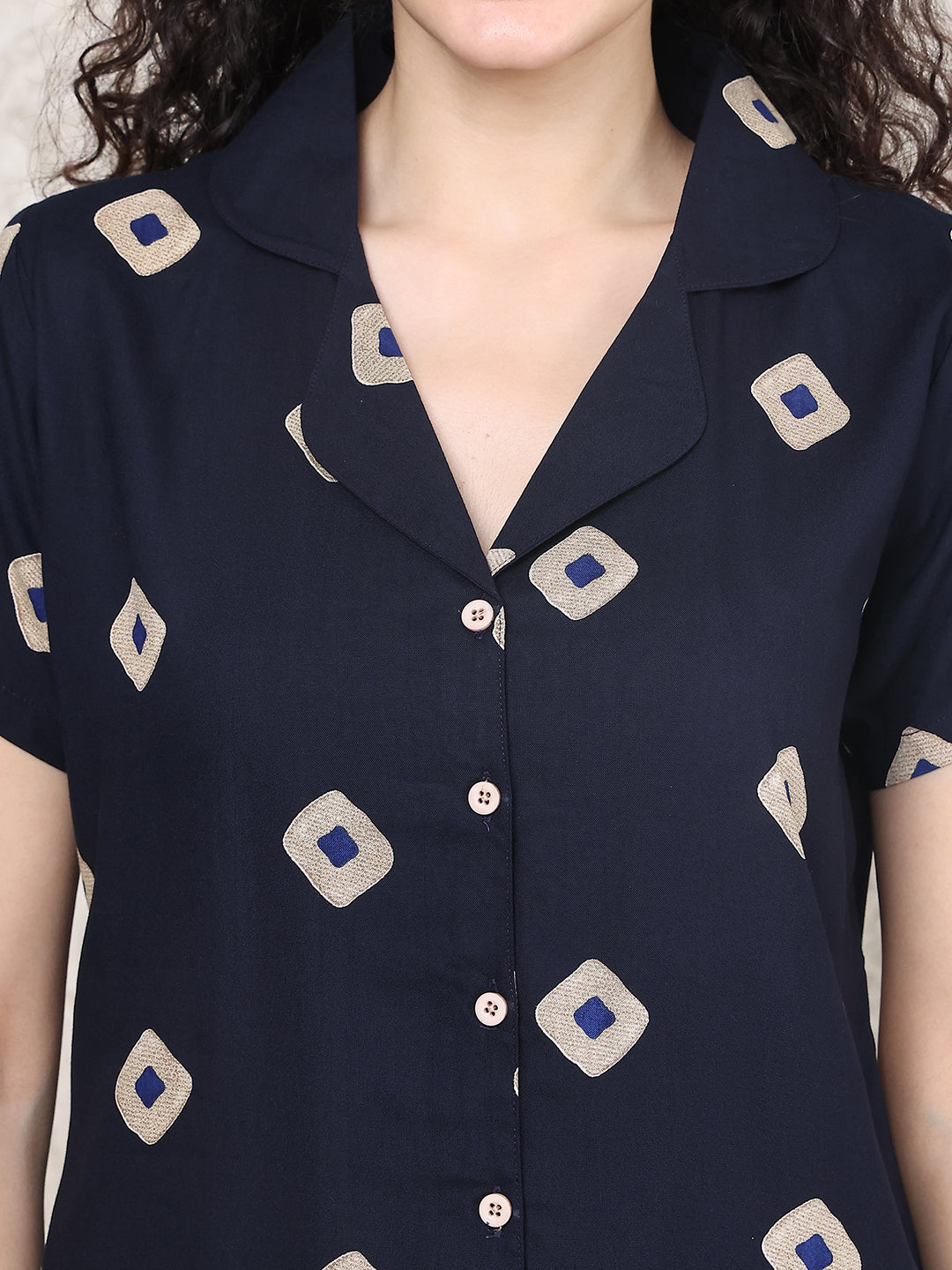 Navy Blue Viscose Rayon Abstract Night Suit for Women | Claura