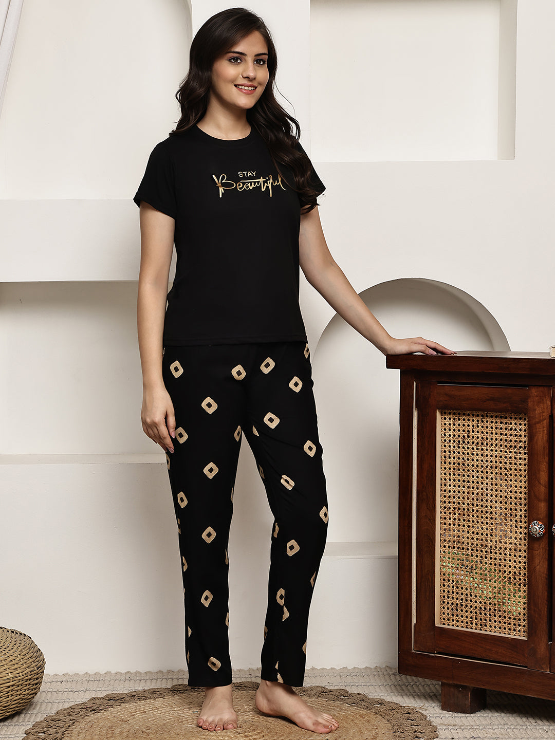 Black Cotton Night Suit with half-sleeves and pyjama bottoms