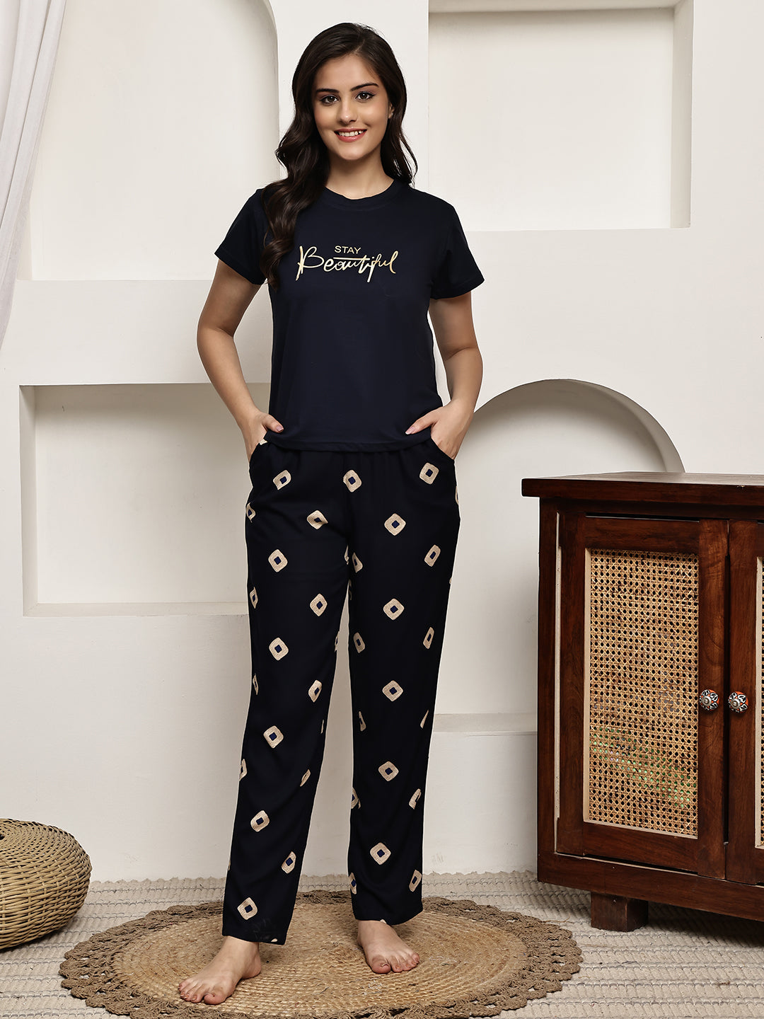 Woman wearing Navy Blue Printed Night Suit