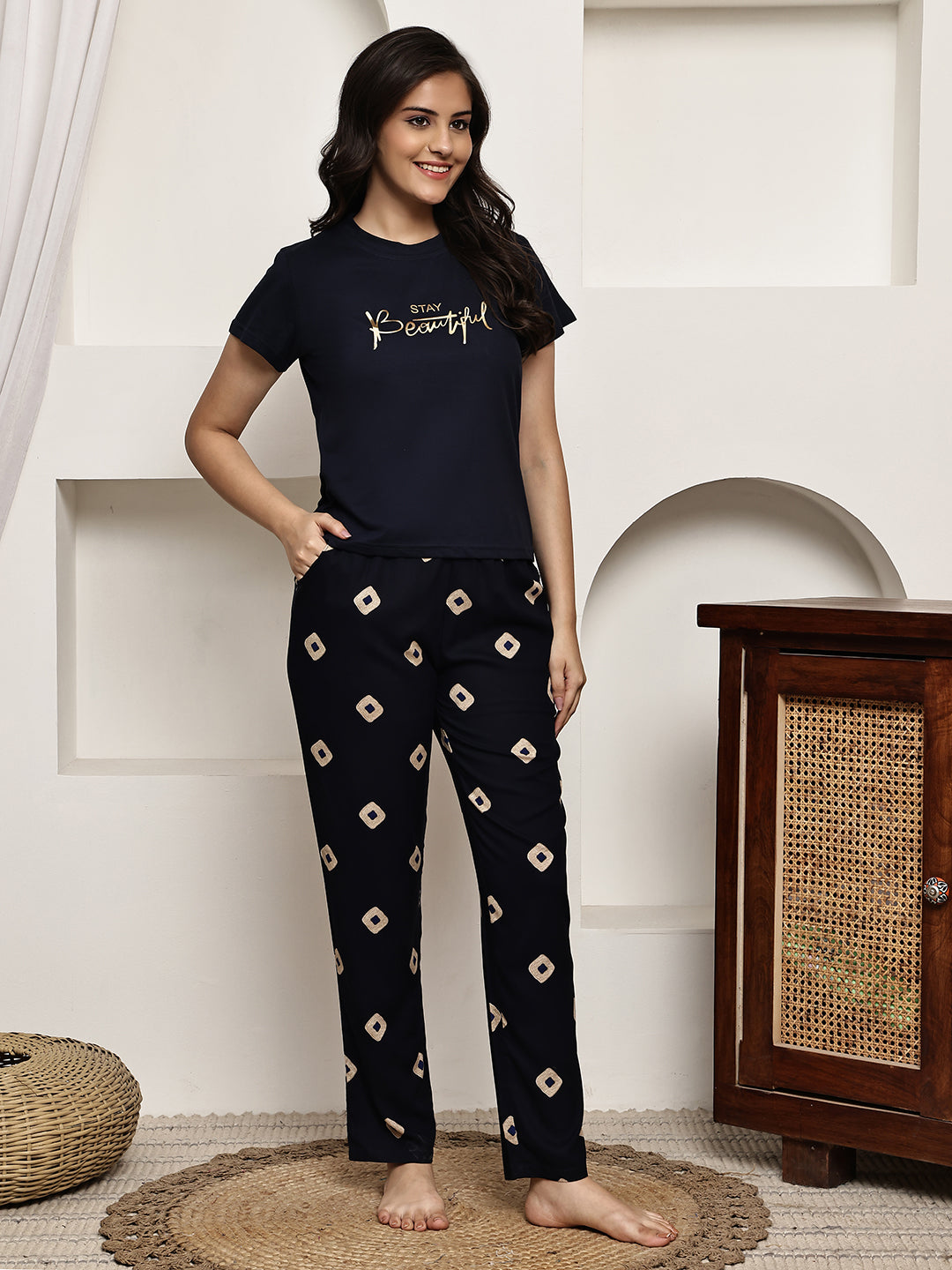 Navy Blue Cotton Night Suit with short sleeves and drawstring bottoms