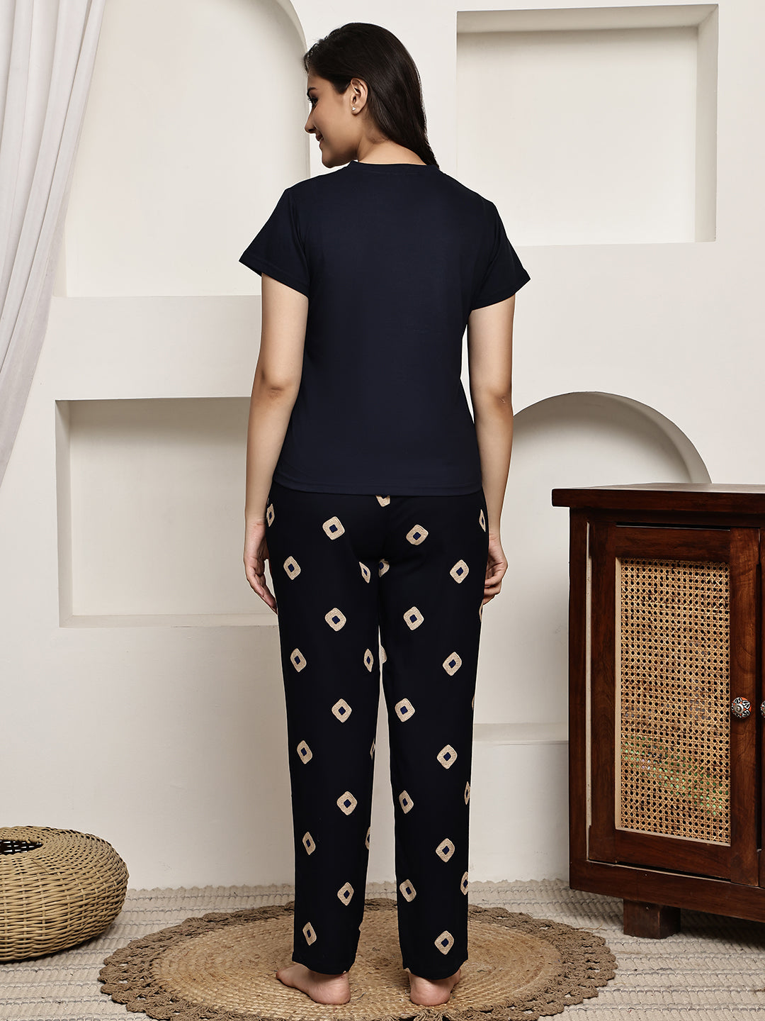 Back view of model in Navy Blue Printed Night Suit for Women