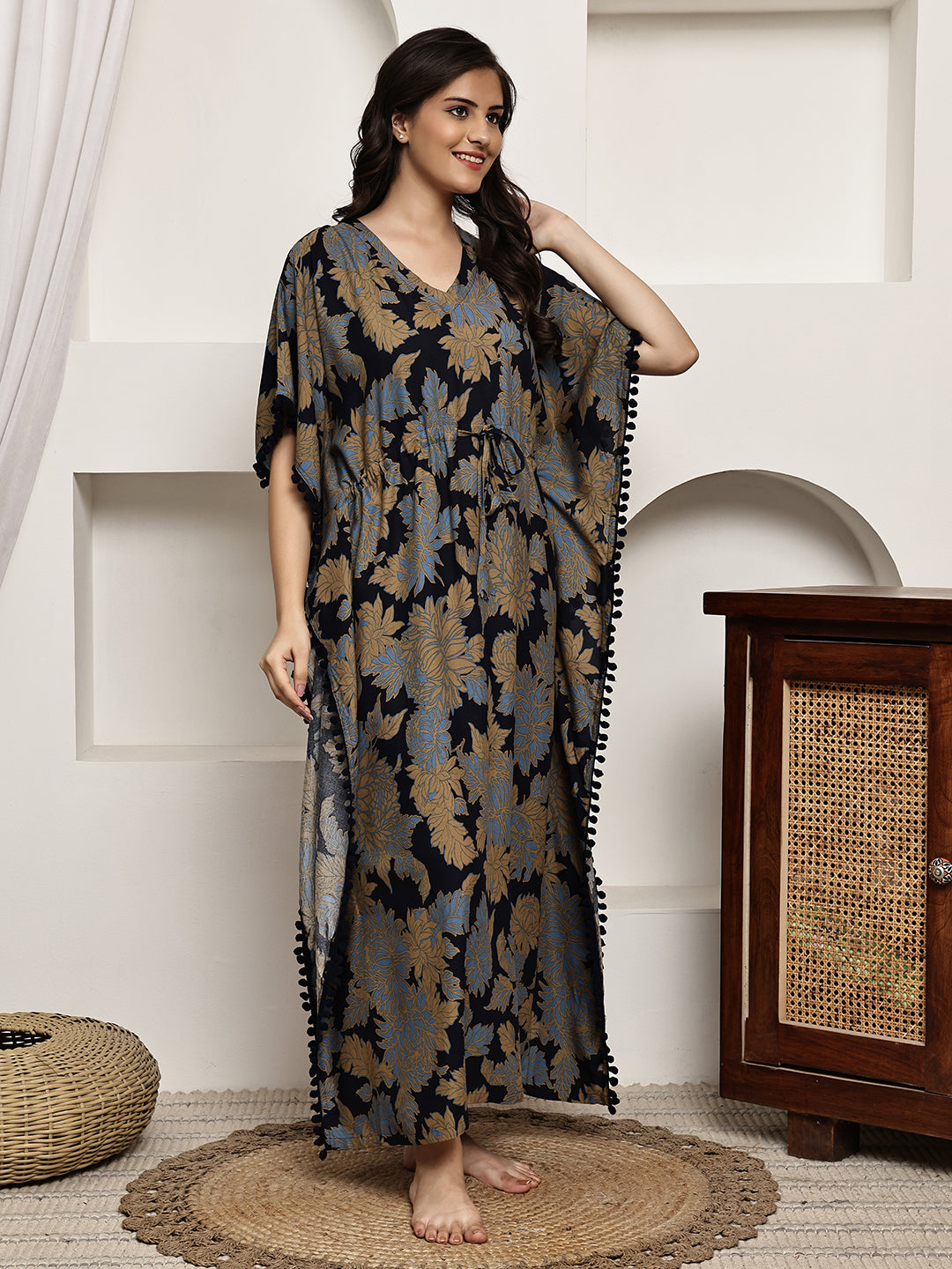 Navy floral Kaftan Dress with V-neck design