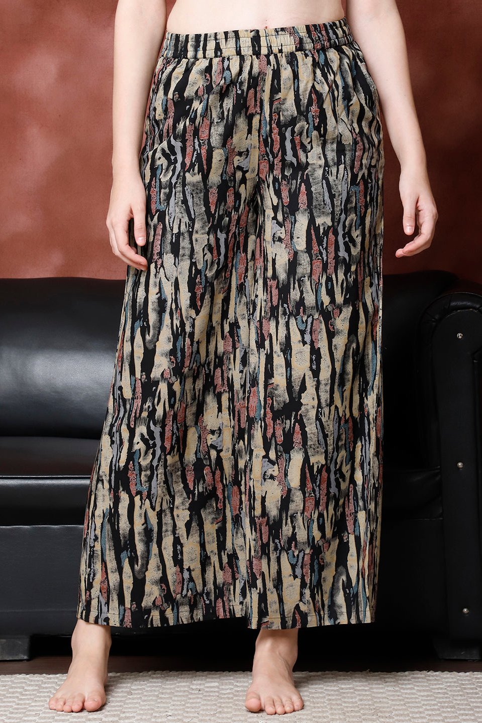Black Printed Viscose Rayon Mid-Rise Flared Lounge Pants