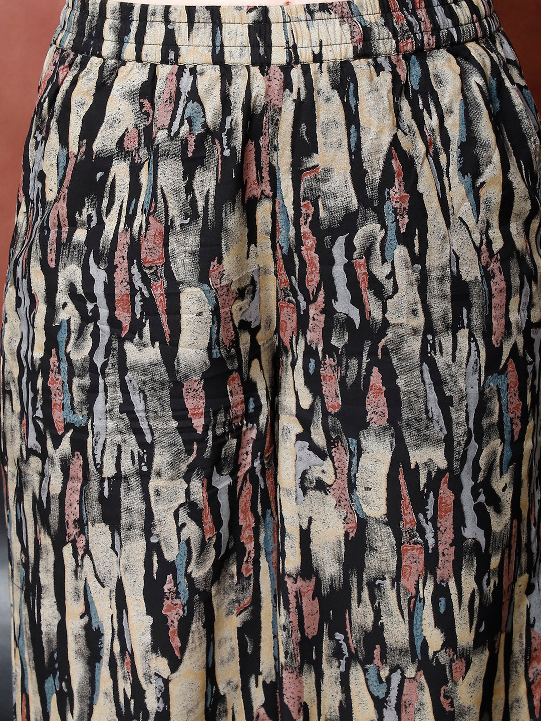 Black Printed Viscose Rayon Mid-Rise Flared Lounge Pants