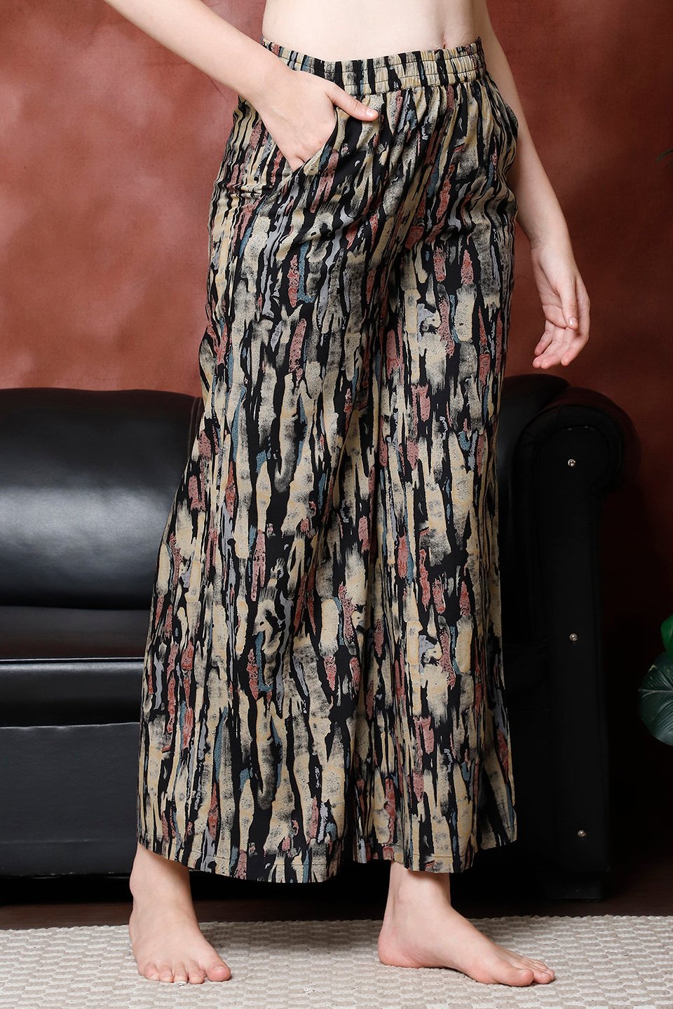 Black Printed Viscose Rayon Mid-Rise Flared Lounge Pants