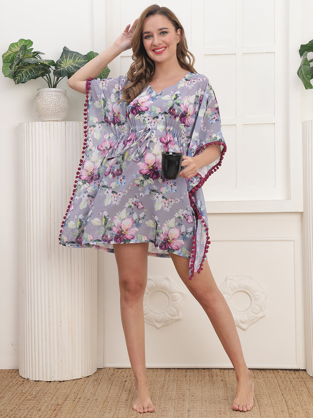 Grey Color Floral Printed Georgette Swimwear Cover up Top For Woman