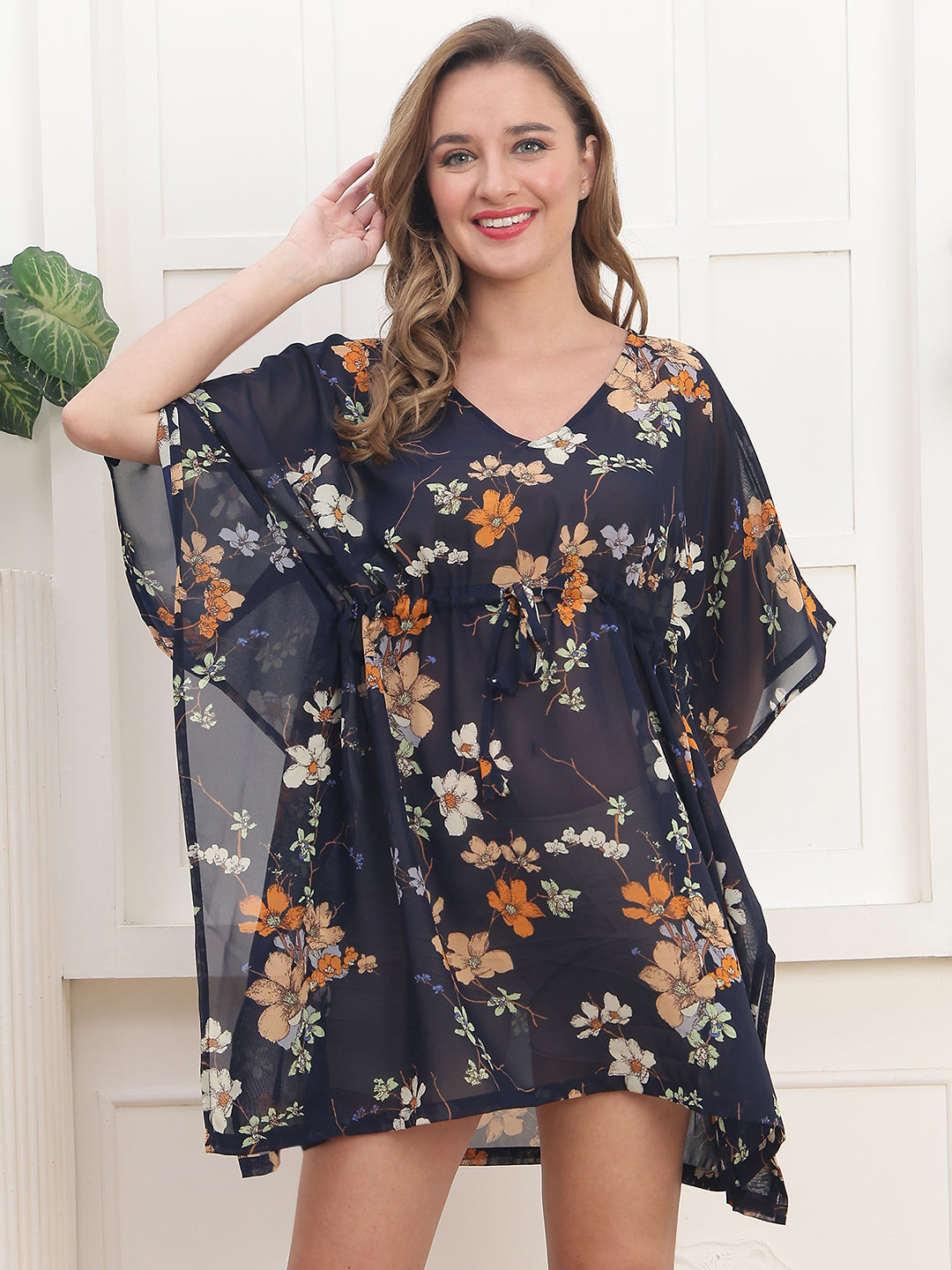Navy Color Floral Printed Georgette Swimwear Cover up Top For Woman