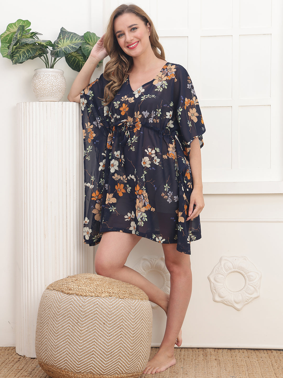 Navy Color Floral Printed Georgette Swimwear Cover up Top For Woman