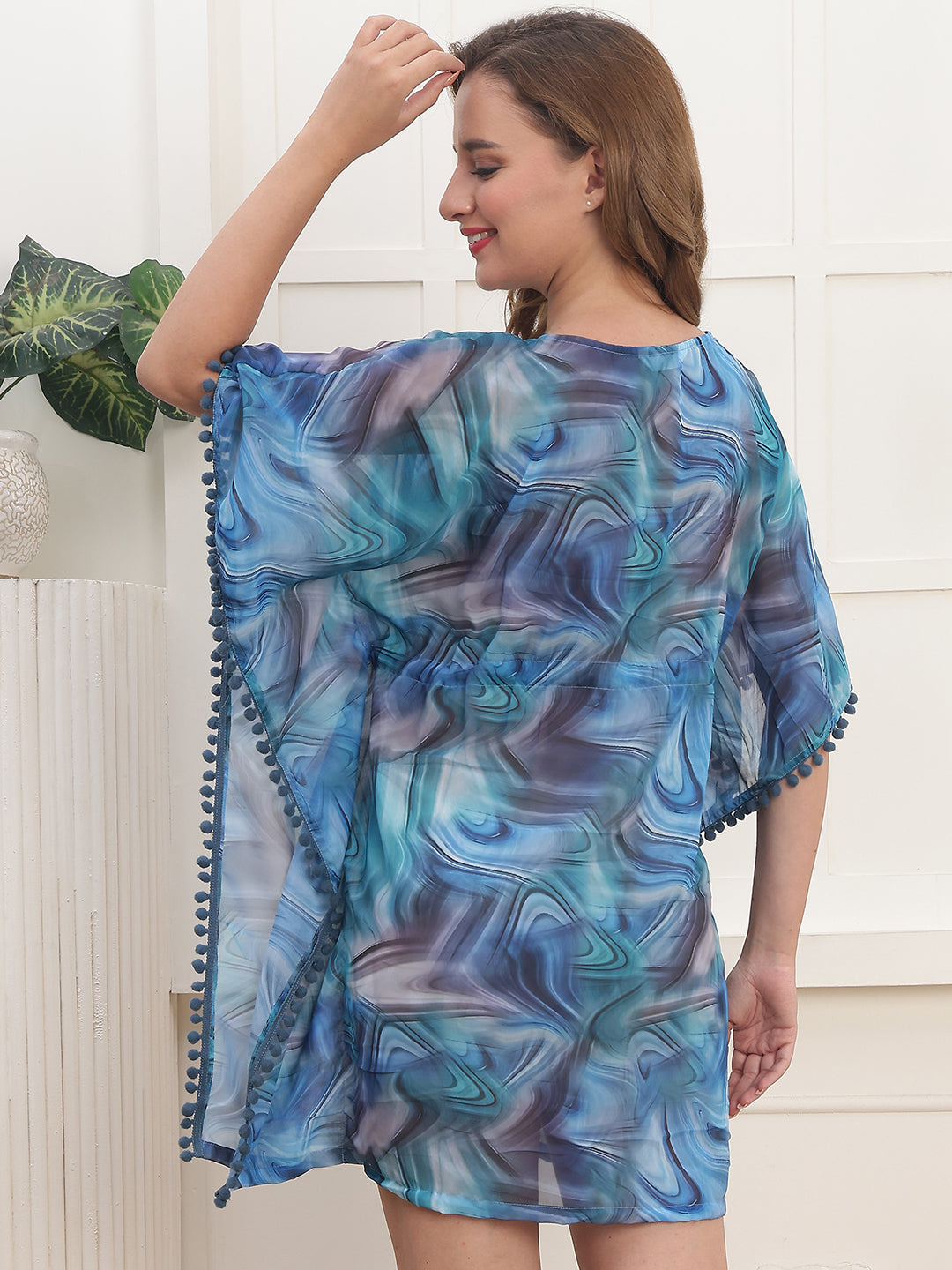 Blue Color Floral Printed Georgette Swimwear Cover up Top For Woman