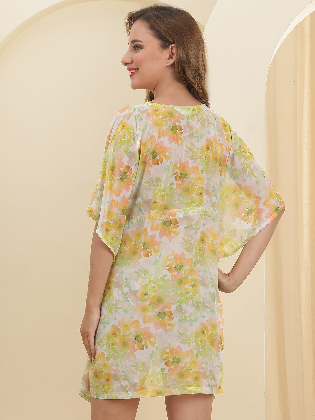 Yellow Color Floral Printed Georgette Swimwear Cover up Top For Woman