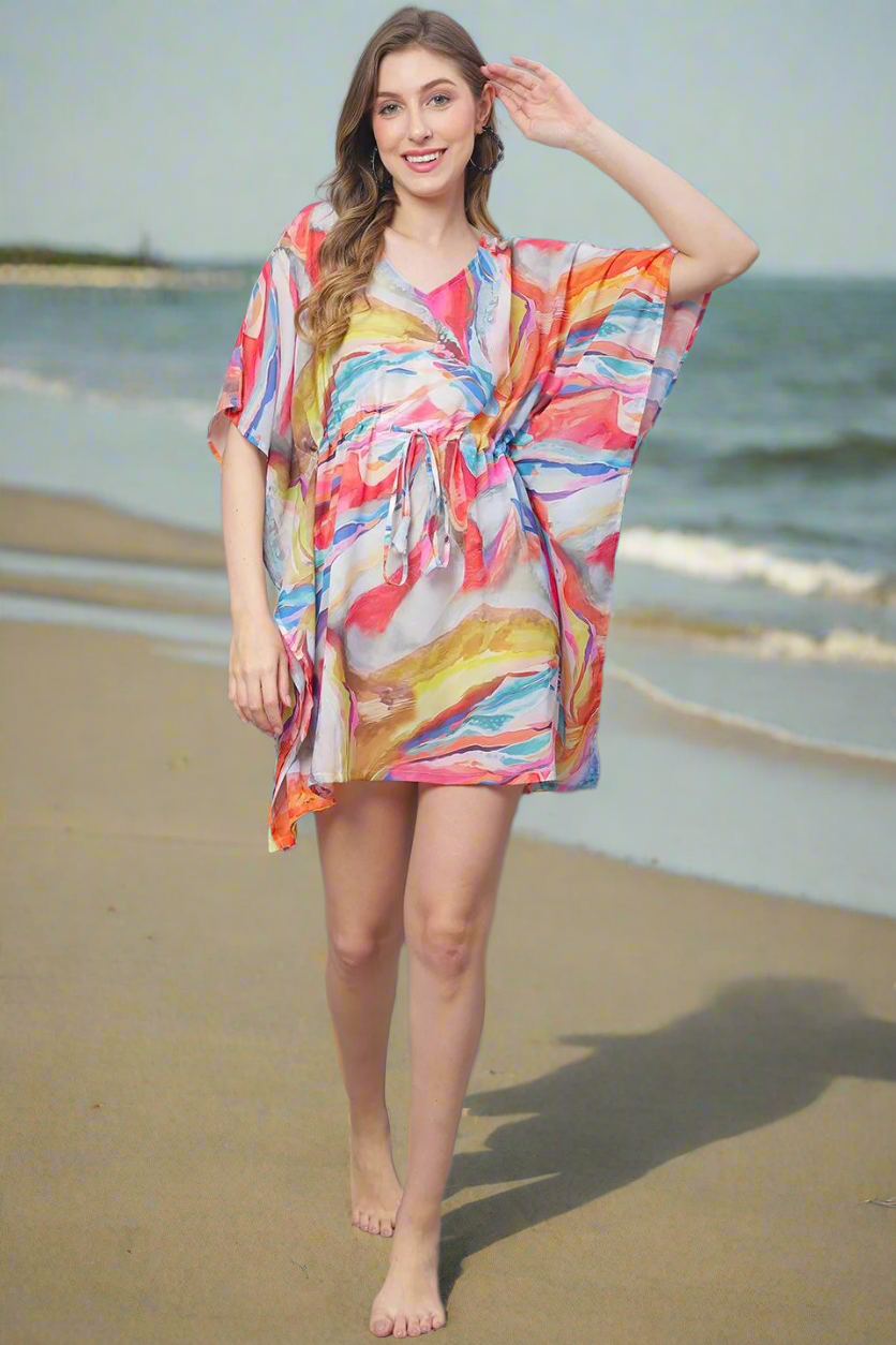 Multi Color Abstract Printed Georgette Coverup Beachwear Kftan For Woman