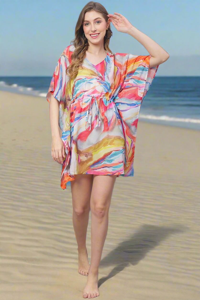 Multi Color Abstract Printed Georgette Coverup Beachwear Kftan For Woman