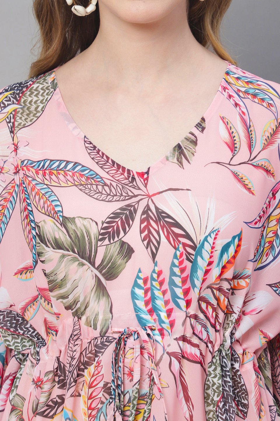 Pink Color Tropical Printed Georgette Beachwear Cover up Kaftan Claura Designs Pvt. Ltd. Kaftan Beachwear, Free Size, Georgette, kaftan, kaftan_freesize, Pink, Printed, Swimwear, tropical