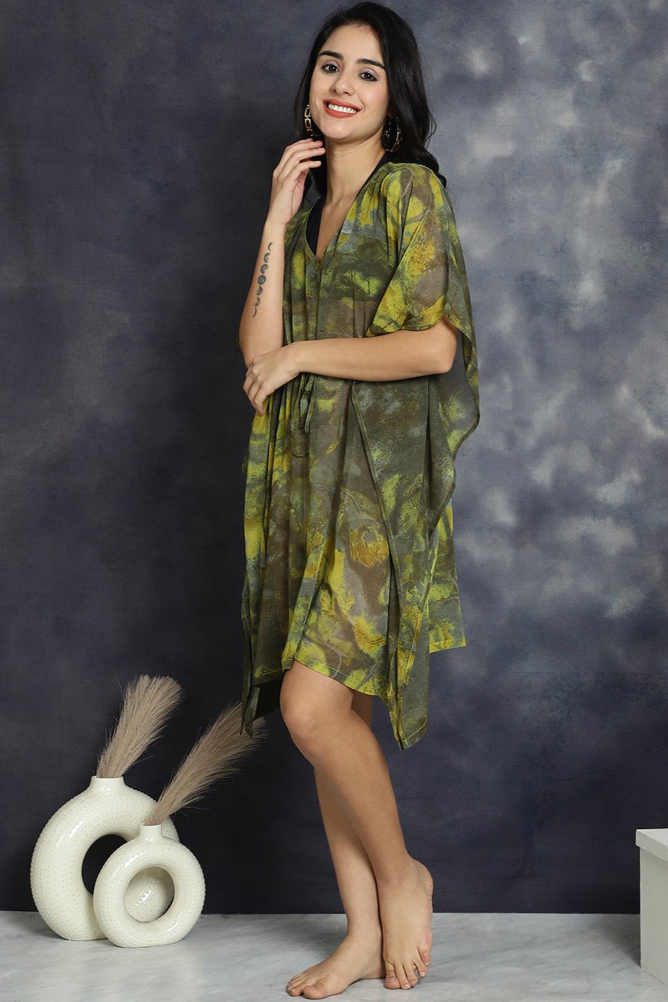 Green Color Abstract Printed Georgette Coverup Beachwear Kaftan For Woman