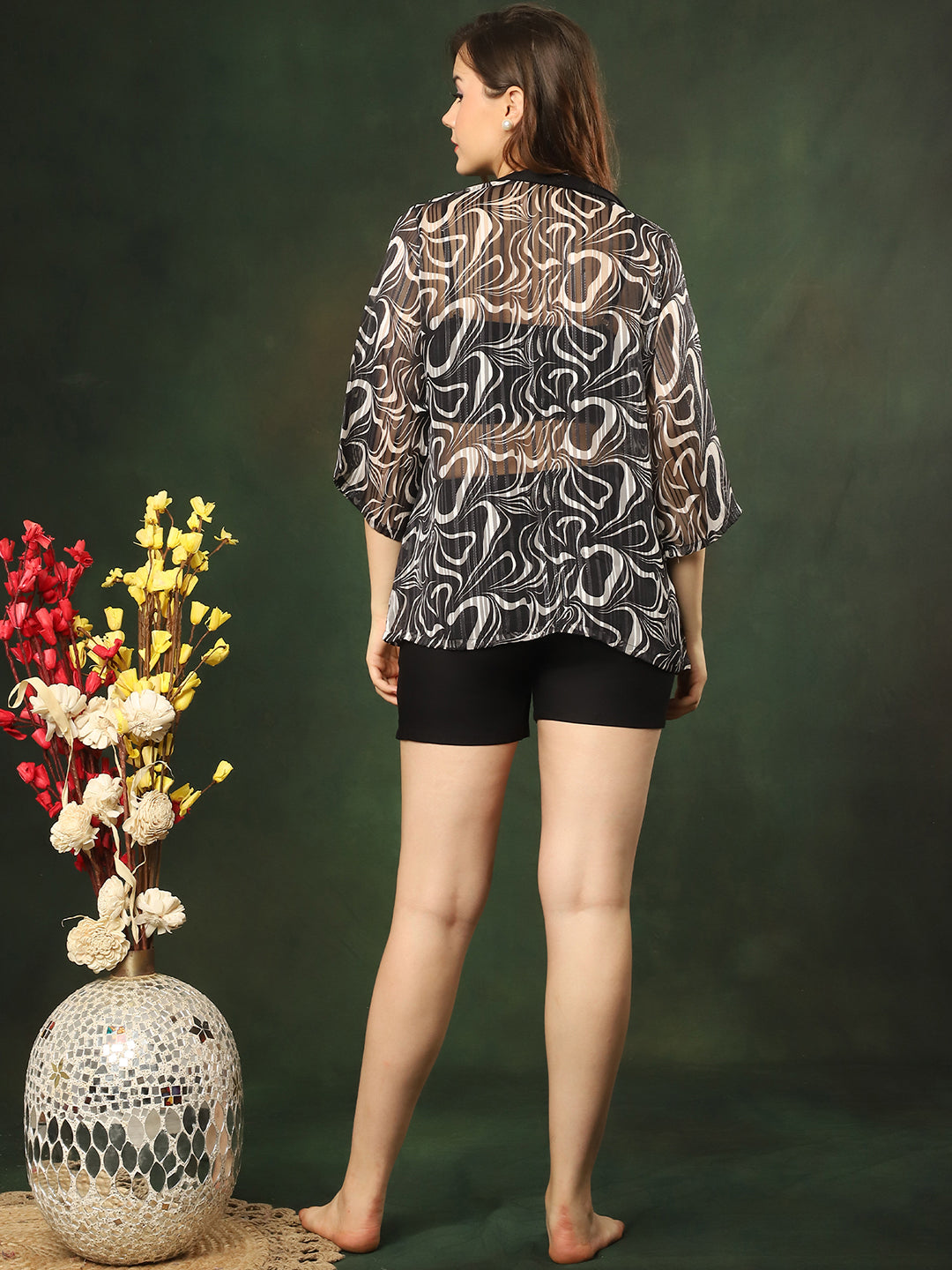 Black Color Fabric Georgette and Rayon Printed Abstract 3 pcs Swimwear Cover up Set