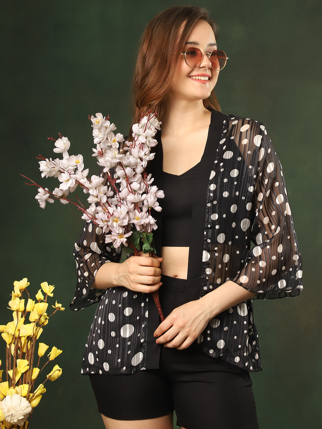 Black Color Georgette and Rayon Abstract Printed 3 pcs Top & Shorts with Robe Swimwear Cover-up Set