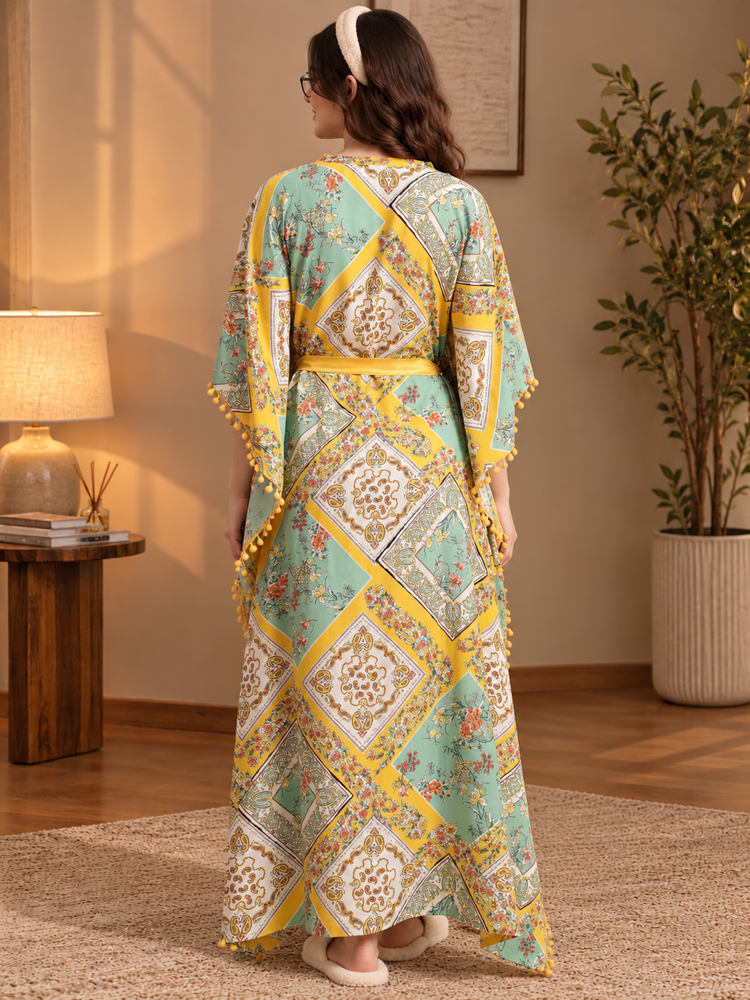 Yellow Floral Rayon Kaftan Dress for Women | Claura
