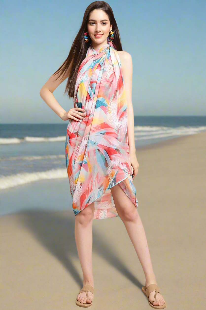 Woman wearing multi-color printed beach dress for women
