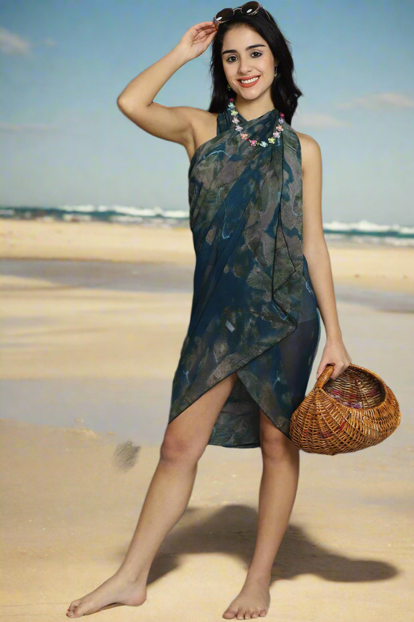 Woman wearing navy blue abstract printed beach dress for women