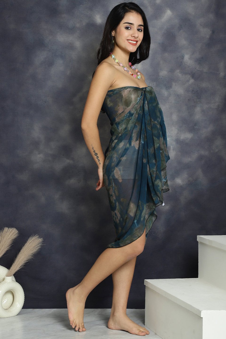Navy Blue Color Abstract Printed Georgette Beachwear Cover Up Sarong
