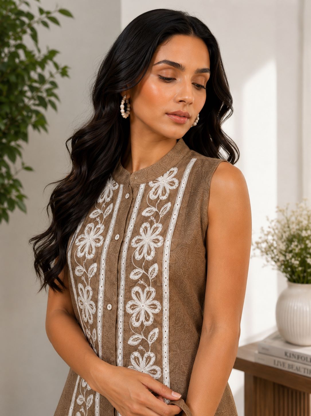 Brown Embroidered Sleeveless Linen Top & Palazzo Set | Claura