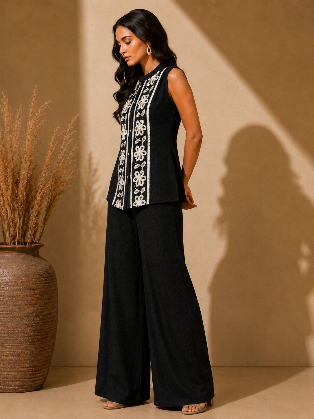Black Embroidered Sleeveless Linen Top & Palazzo Set | Claura