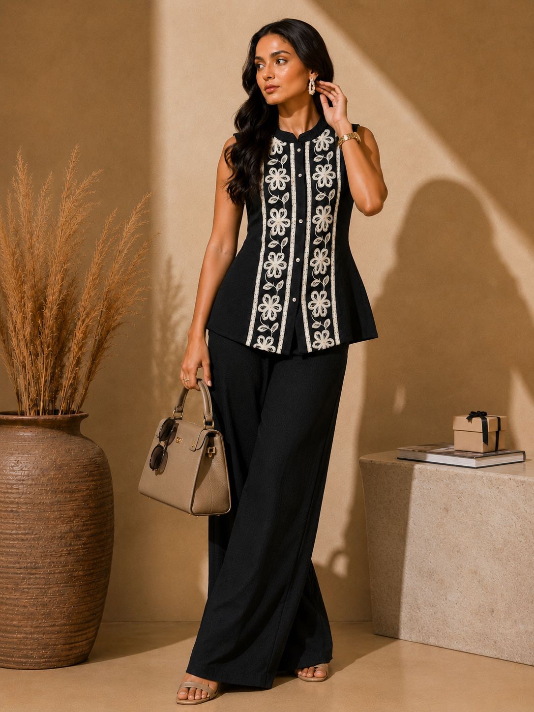 Black Embroidered Sleeveless Linen Top & Palazzo Set | Claura
