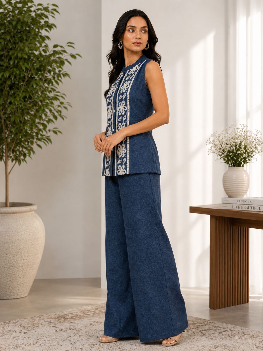Blue Embroidered Sleeveless Linen Top & Palazzo Set | Claura