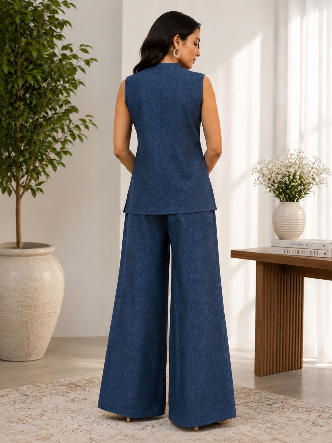 Blue Embroidered Sleeveless Linen Top & Palazzo Set | Claura