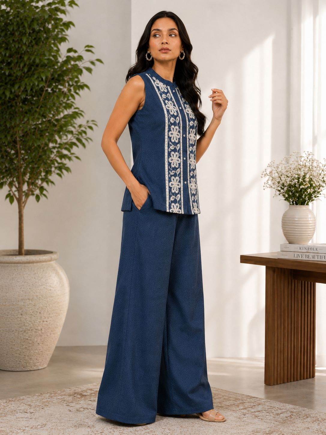 Blue Embroidered Sleeveless Linen Top & Palazzo Set | Claura