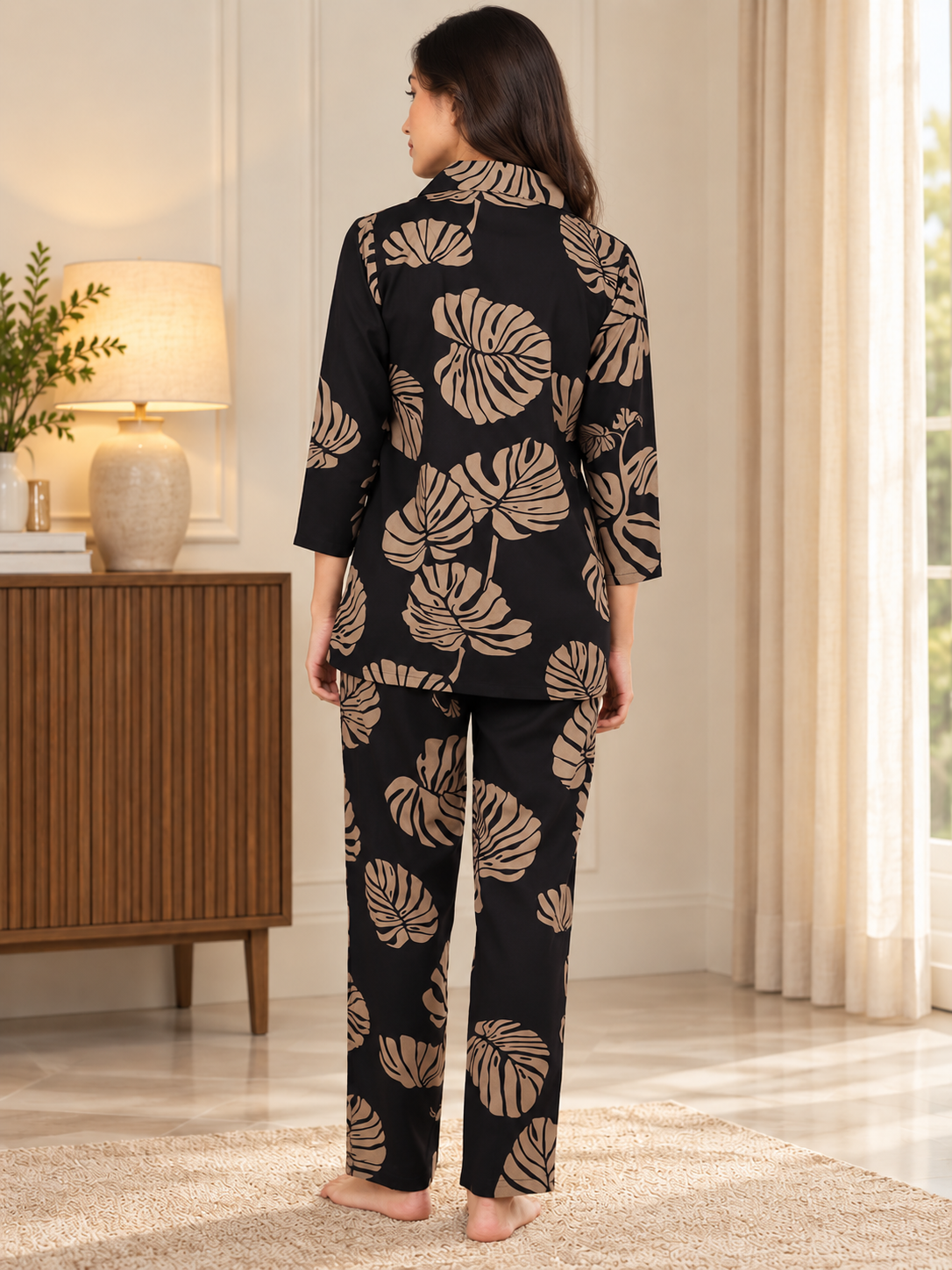 Black Leaf Printed Viscose Rayon Night Suit for Women | Claura