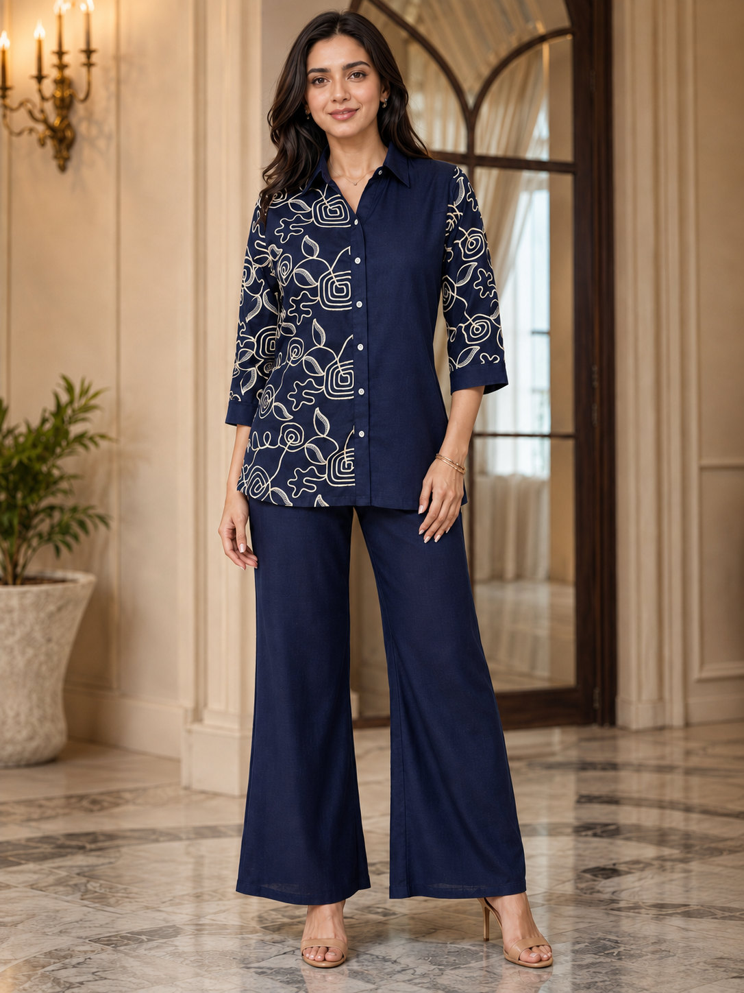Navy Blue Floral Embroidered Linen Shirt-Style Tunic with Palazzos