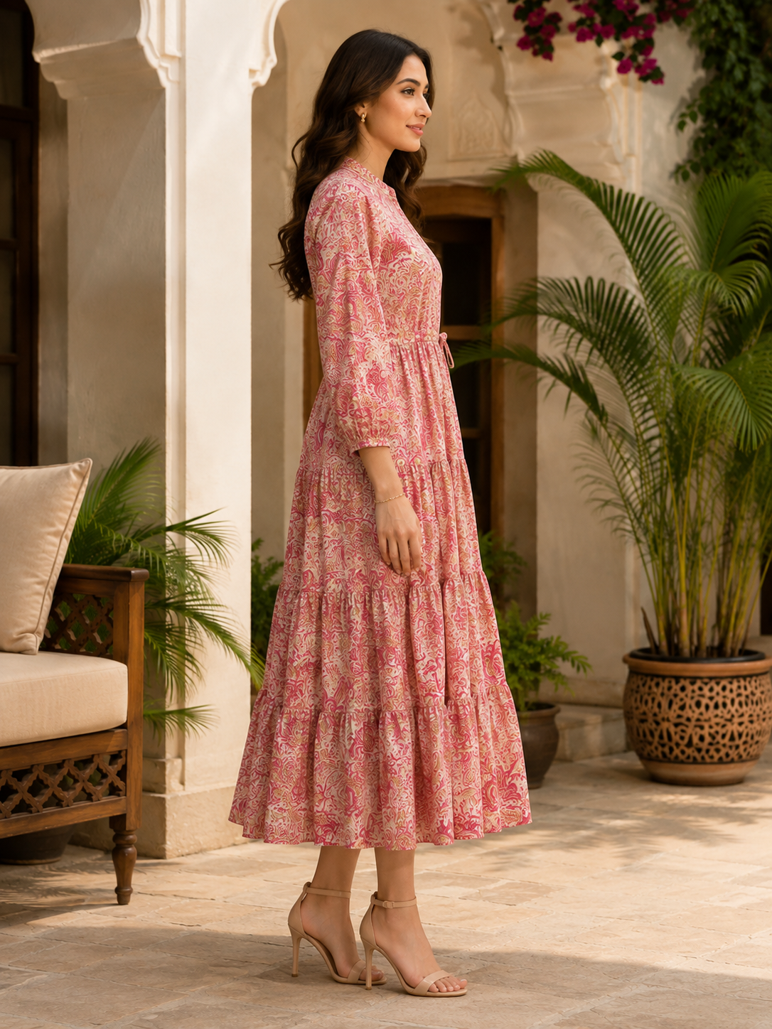 Pink Paisley Printed Gathered A-Line Midi Dress For Women | Claura