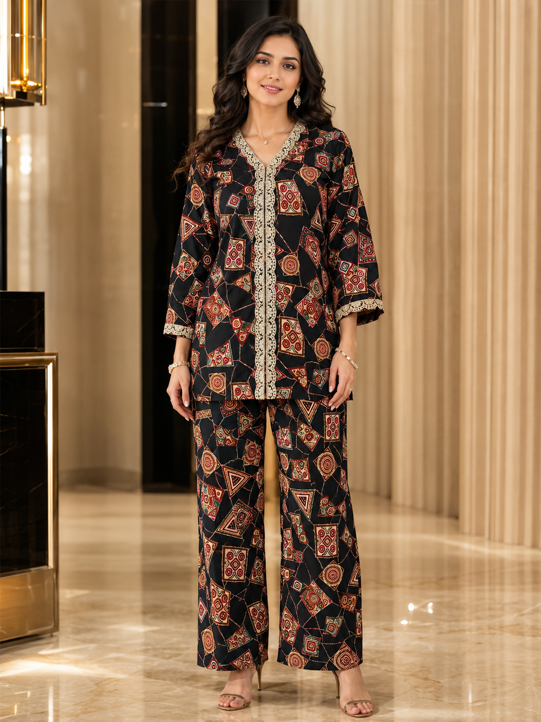 Black Printed V-Neck Tunic with 3/4 Sleeves & Palazzos | Claura