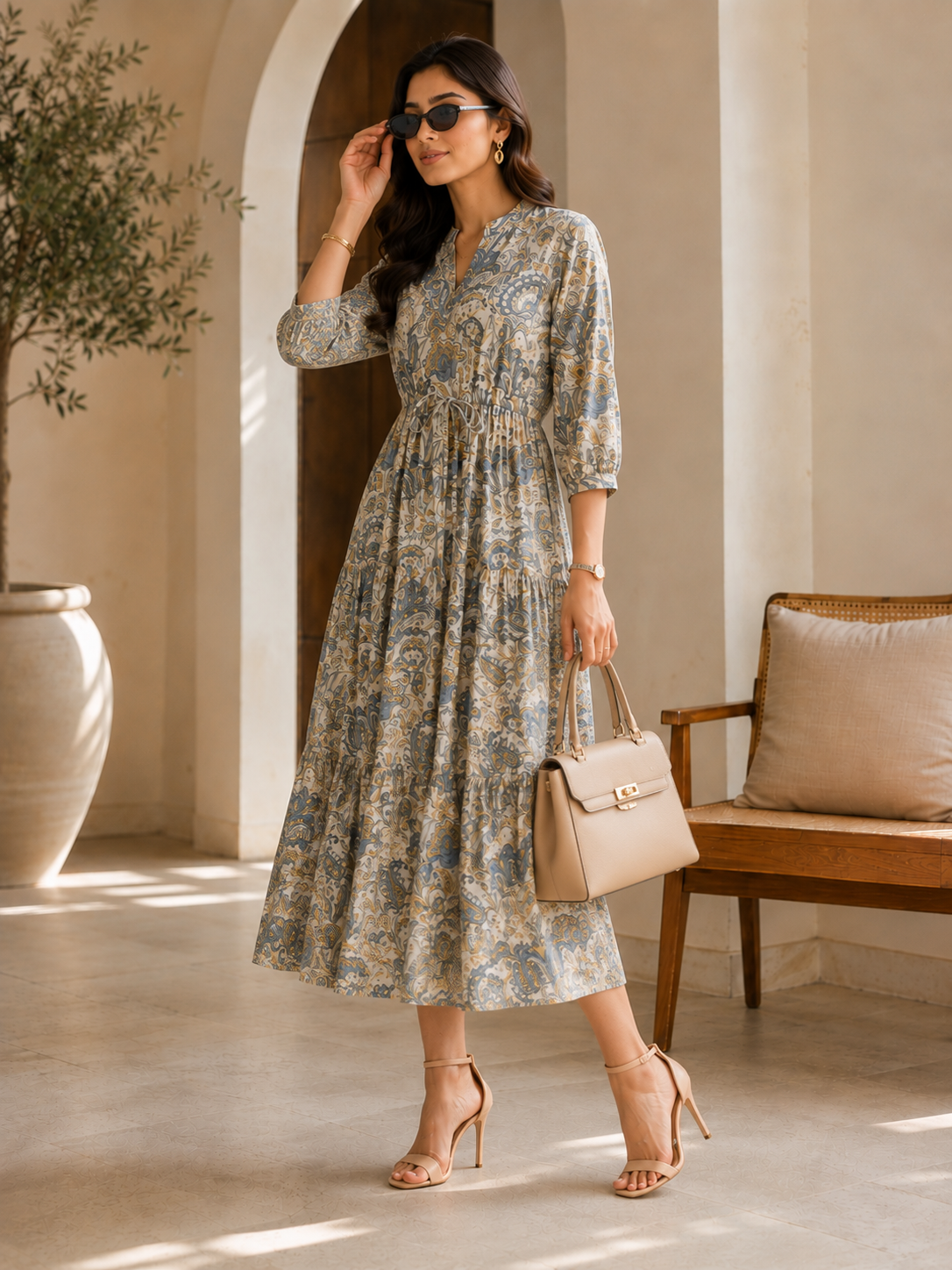 Blue Paisley Print A-Line Midi Dress For Women | Claura
