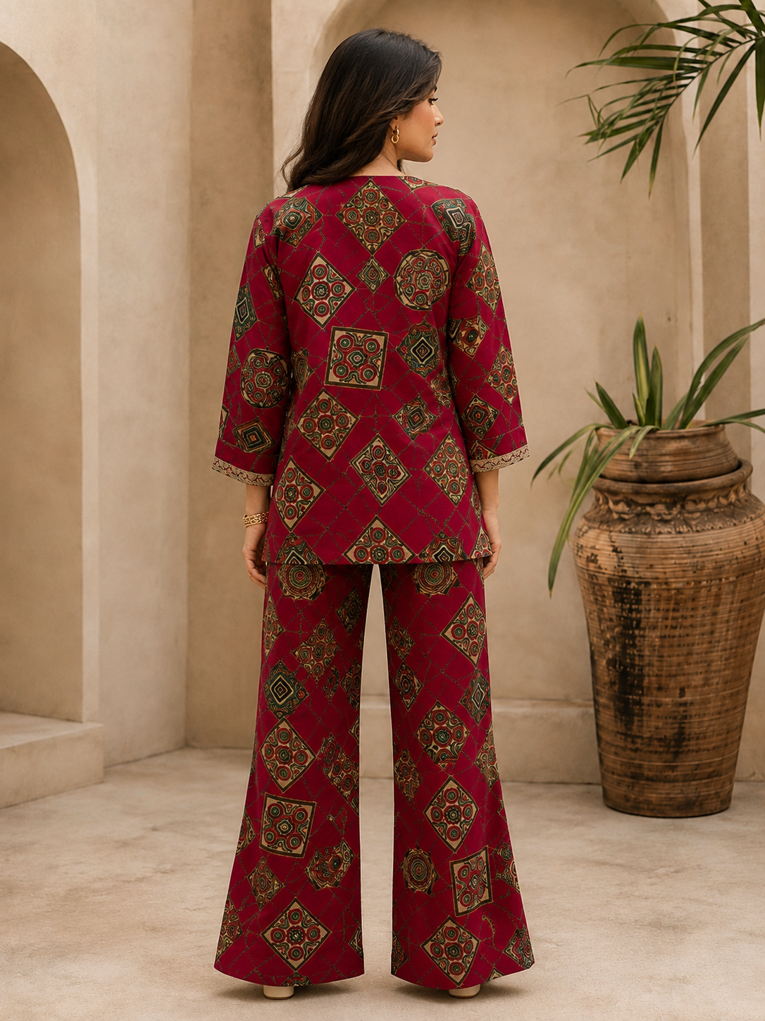 Red Printed V-Neck Tunic with 3/4 Sleeves & Palazzos | Claura