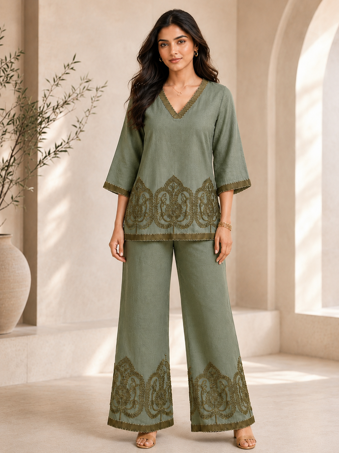 Green Embroidered Linen Co-ord Set with V-Neck Tunic & Palazzos