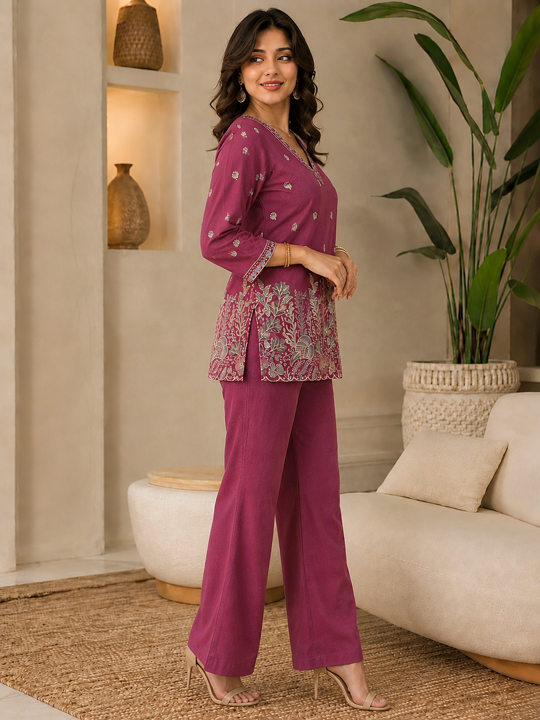 Purple Floral Embroidered Linen Tunic with Solid Palazzos Co-ord Set