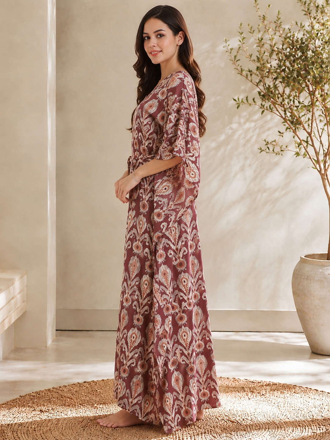 Mauve Color Abstract Printed Viscose Rayon Kaftan For Women