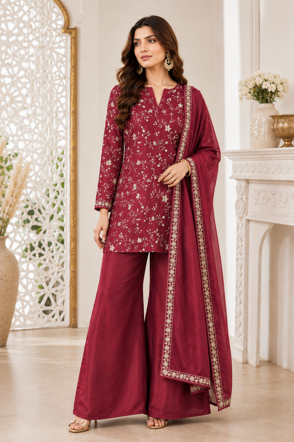 Wine Zari Floral Embroidered Silk Blend Kurta Set with Sharara & Dupatta