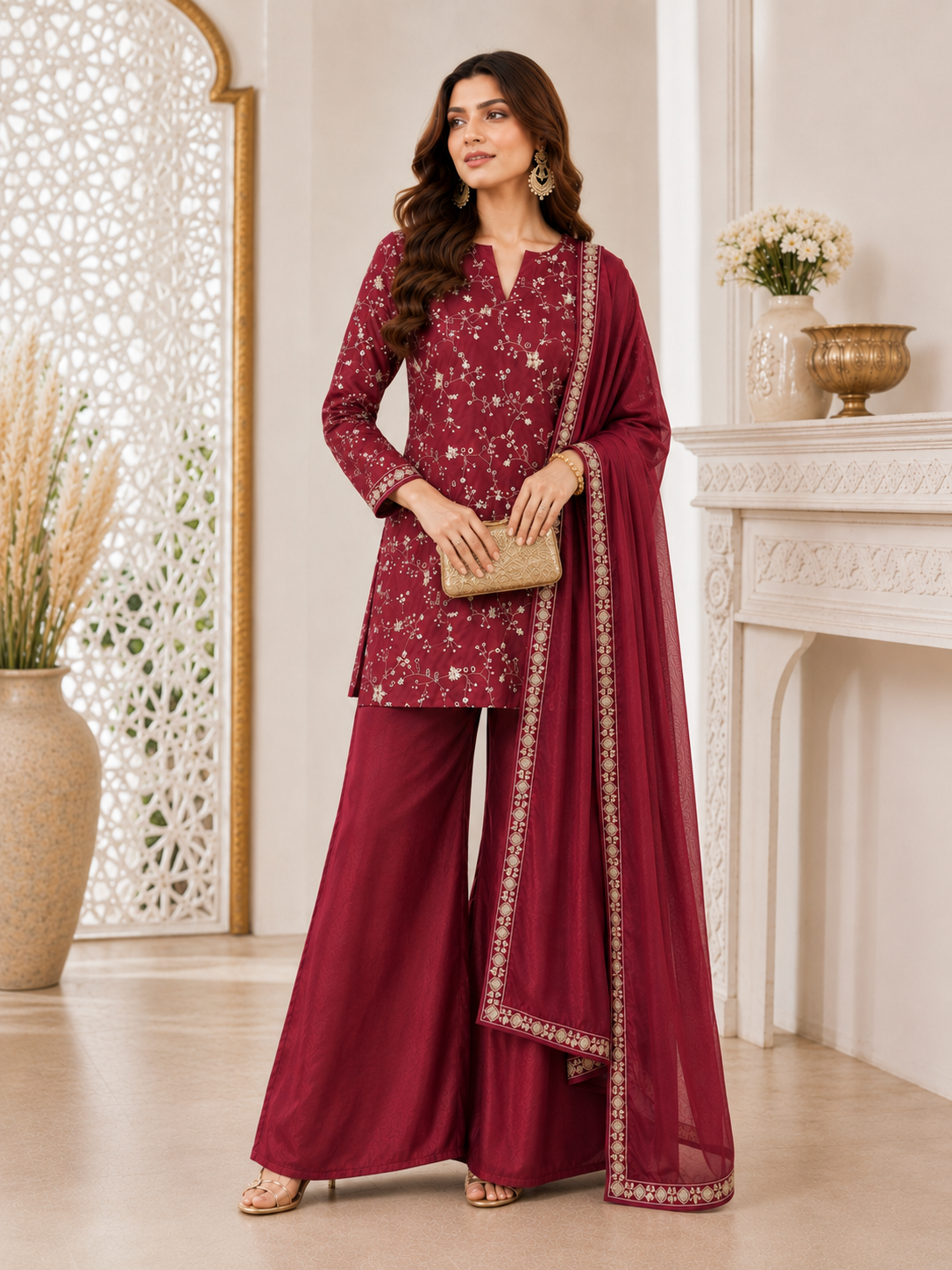 Wine Zari Floral Embroidered Silk Blend Kurta Set with Sharara & Dupatta