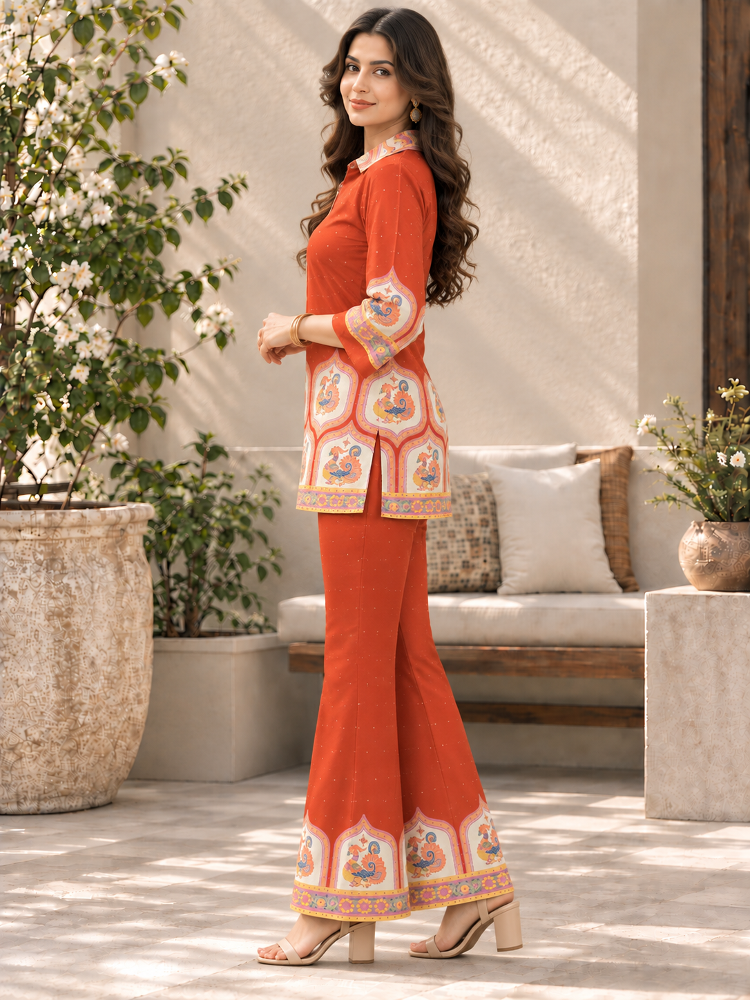 Orange with Cream Tunic Floral Printed Palazzos Set | Claura